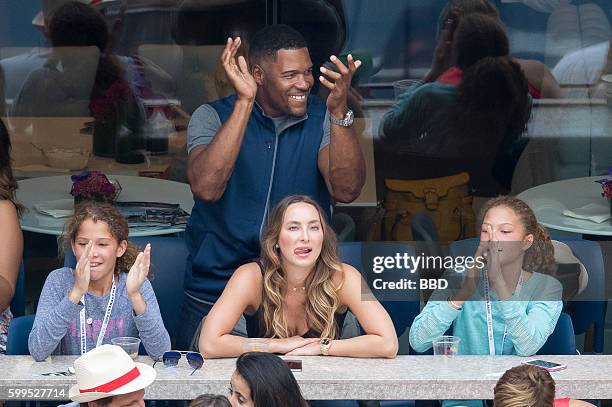 Michael Strahan with 2 daughters and girlfriend Kayla Quick at USTA Billie Jean King National Tennis Center on September 5, 2016 in the Queens...