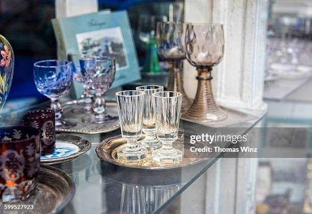 glasses in an antique shop - crystal glasses stock pictures, royalty-free photos & images