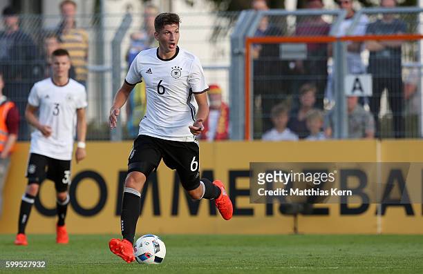 Vitaly Janelt of Germany runs with the ball during the international friendly match between U19 Germany and U19 Netherlands on September 5, 2016 in...