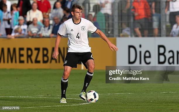 Maxim Leitsch of Germany runs with the ball during the international friendly match between U19 Germany and U19 Netherlands on September 5, 2016 in...