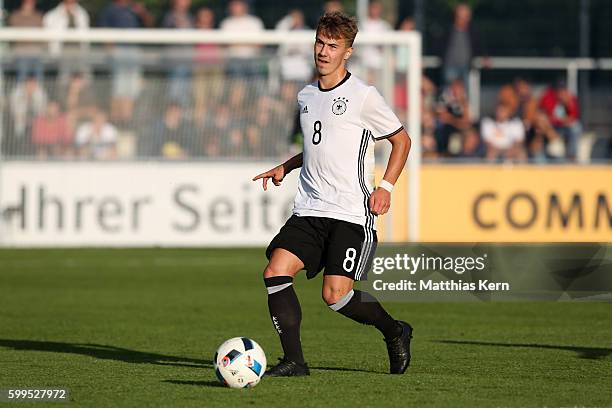 Niklas Dorsch of Germany runs with the ball during the international friendly match between U19 Germany and U19 Netherlands on September 5, 2016 in...