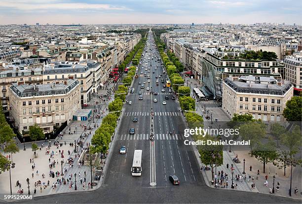 champs-élysées aerial view, paris (france) - avenue des champs elysees stock pictures, royalty-free photos & images