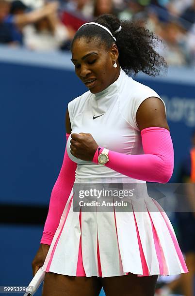 Serena Williams of the United States celebrates during the match against Yaroslava Shvedova of Kazakhstan within fourth round Women's Singles match...