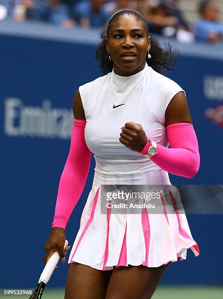 Serena Williams of the United States celebrates during the match against Yaroslava Shvedova of Kazakhstan within fourth round Women's Singles match...