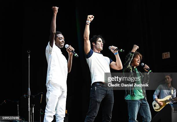 Caleb McLaughlin, Darren Criss and Gaten Matarazzo perform during the 2nd Annual Elsie Fest at Ford Amphitheater at Coney Island Boardwalk on...