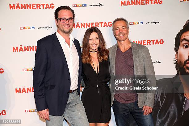 Director Holger Haase, Lena Meckel and Hannes Jaenicke during the premiere for the film 'Maennertag' at Mathaeser Filmpalast on September 5, 2016 in...