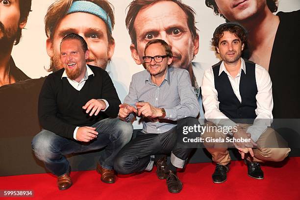 Axel Stein, Milan Peschel and Oliver Wnuk during the premiere for the film 'Maennertag' at Mathaeser Filmpalast on September 5, 2016 in Munich,...