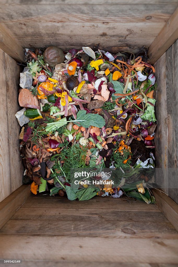 Directly above shot of vegetable waste in wooden container