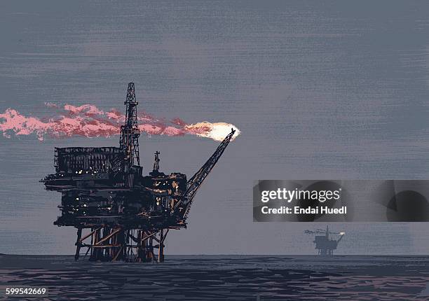 illustrative image of oil rig drilling in ocean - fine arts center stock illustrations