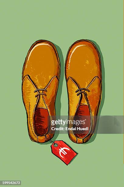 high angle view of shoes with euro price tag - price tag stock illustrations