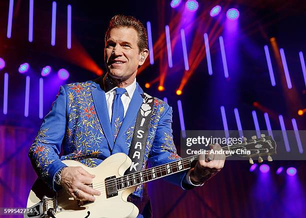 American rock musician Chris Isaak performs onstage during PNE Summer Night Concert Series at PNE Amphitheatre on September 5, 2016 in Vancouver,...