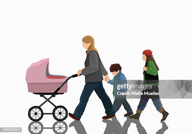 illustrative image of woman with two children and stroller walking on white background - mother and daughter stock illustrations