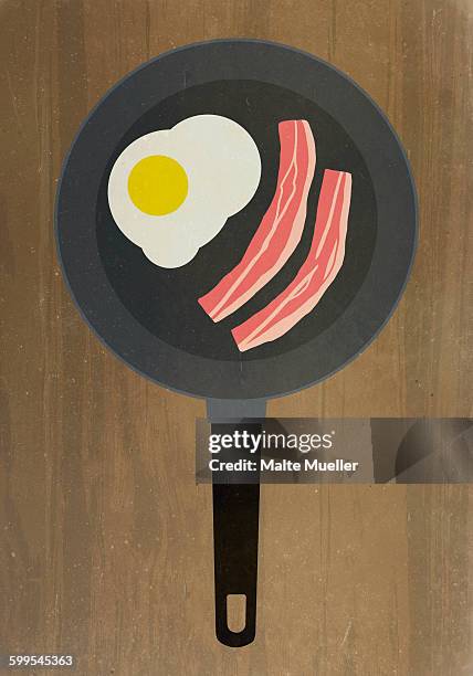 stockillustraties, clipart, cartoons en iconen met directly above shot of bacon and egg in frying pan - gebakken in de pan