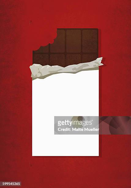 illustrative image of chocolate bar with missing bite against red background - wrapped stock illustrations
