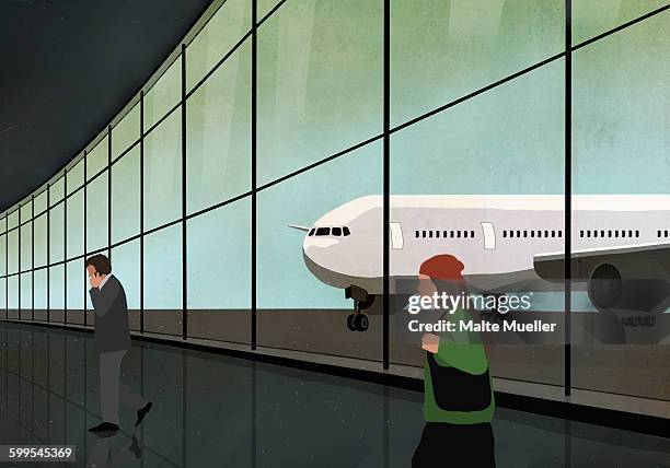 ilustrações de stock, clip art, desenhos animados e ícones de passengers at airport terminal with airplane seen through window - fotografia de três quartos
