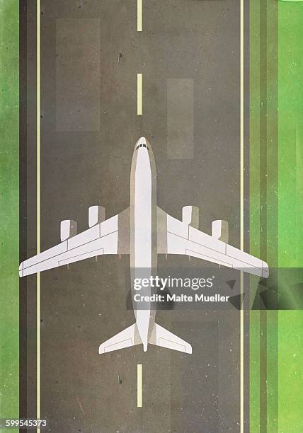 ilustraciones, imágenes clip art, dibujos animados e iconos de stock de directly above shot of airplane on runway - pista de aterrizaje