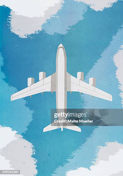 directly above shot of airplane flying in sky - plane stock illustrations