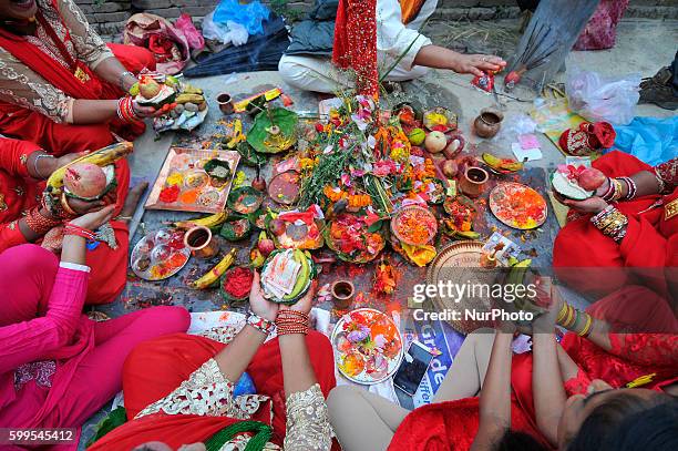 Nepalese devotees offering ritual prayer at the Bank of Bagmati River of Pashupatinath Temple during Rishi Panchami Festival celebrations at...