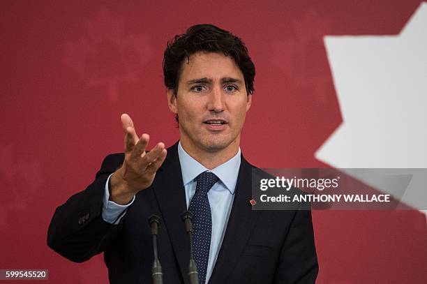 Canadian Prime Minister Justin Trudeau speaks during a Canada-Hong Kong business luncheon, held by the Canadian Chamber of Commerce, during his visit...