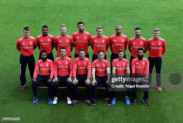 England's 20/20 team pose for a photograph during a training session at Old Trafford on September 6, 2016 in Manchester, England.