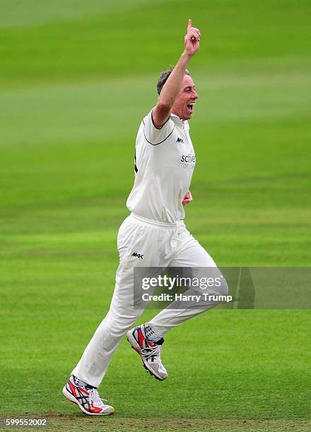 Rikki Clarke of Warwickshire celebrates the wicket of Lewis Gregory of Somerset during Day One of the Specsavers County Championship Division One...