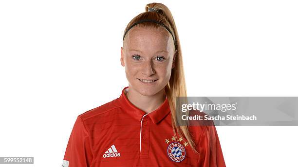 Anna Gerhardt of FC Bayern Muenchen poses during the Allianz Women's Bundesliga Club Tour on September 4, 2016 in Aschheim, Germany.