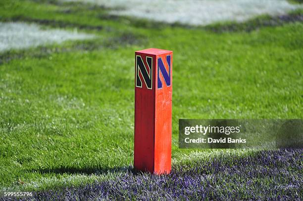 Detail shot of a pylon during the second half of a game between the Northwestern Wildcats and the Western Michigan Broncos on September 3, 2016 at...