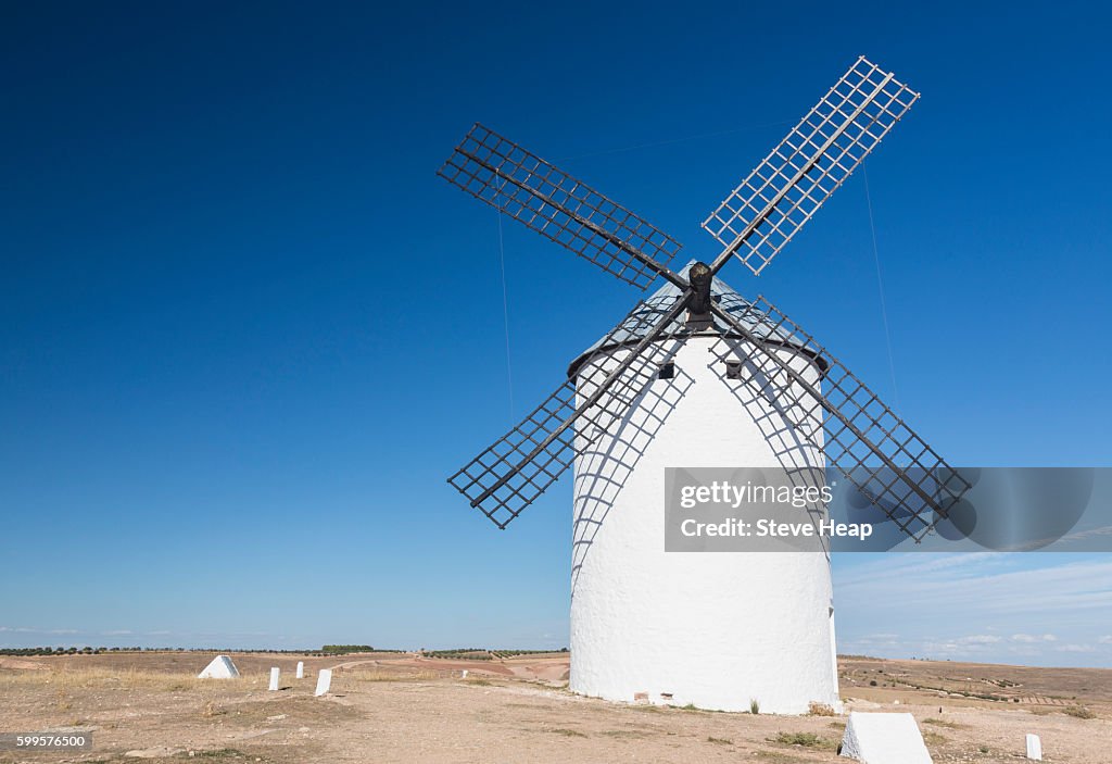 Preserved historic windmills on plain above Campo de Criptana in Castilla-La Mancha, Spain