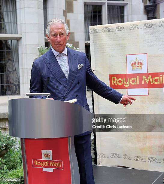Prince Charles, Prince of Wales gives a speech as he attends a reception to mark the 500th Anniversary of the Royal Mail at Merchant Taylor's Hall at...