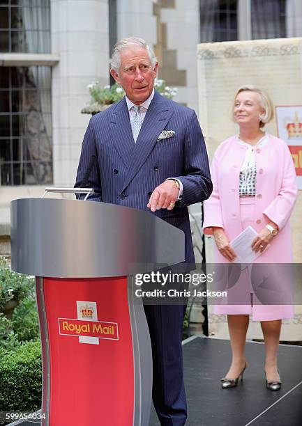 Prince Charles, Prince of Wales gives a speech as CEO of Royal Mail Moya Breene looks on as he attends a reception to mark the 500th Anniversary of...