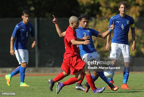Riccardo Marchizza of Italy competes for the ball with Mete Demir of Turkey during the international friendly match between Italy U19 and Turkey U19...