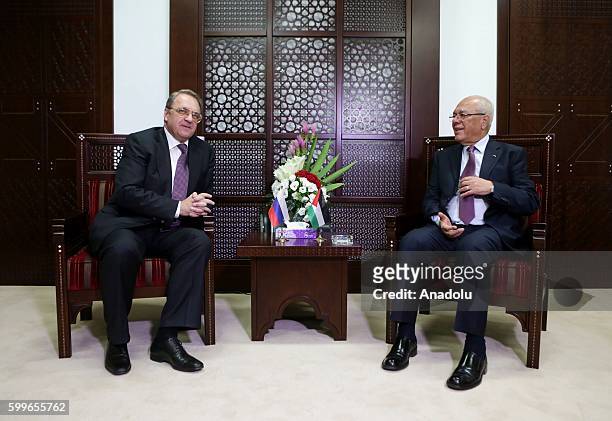 Russian President Vladimir Putins Special Envoy for the Middle East Mikhail Bogdanov meets Secretary General of the Palestinian Presidency Tayyib...