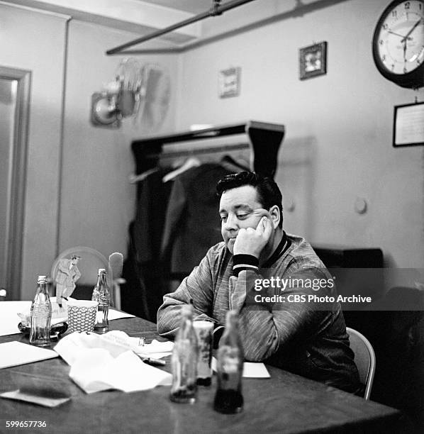 Production and behind-the-scenes coverage of "The Jackie Gleason Show," was shot at CBS Studio 50 in New York, NY on June 26, 1954. Pictured is...