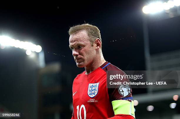 Captain Wayne Rooney of England leaves the field during the 2018 FIFA World Cup Qualifier Group F match between Slovakia and England at City Arena on...