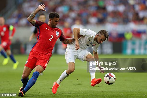 Kyle Walker of England battles with Dusan Svento of Slovakia during the 2018 FIFA World Cup Qualifier Group F match between Slovakia and England at...