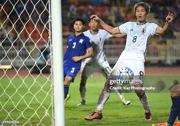 Genki Haraguchi of Japan misses a score chance during the 2018 FIFA World Cup Qualifier between Thailand and Japan at the Rajamangala National...