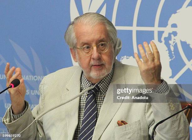 Chairman of the Independent International Commission of Inquiry for Syria, Paulo Sergio Pinheiro delivers a speech during a press conference at the...