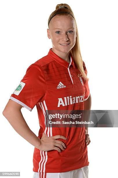 Anna Gerhardt of FC Bayern Muenchen poses during the Allianz Women's Bundesliga Club Tour on September 4, 2016 in Aschheim, Germany.