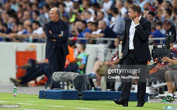 Israel's head Coach Elisha Levy gestures during the World Cup 2018 qualifier football match Israel vs Italy at Sammy Ofer Stadium in Haifa, on...