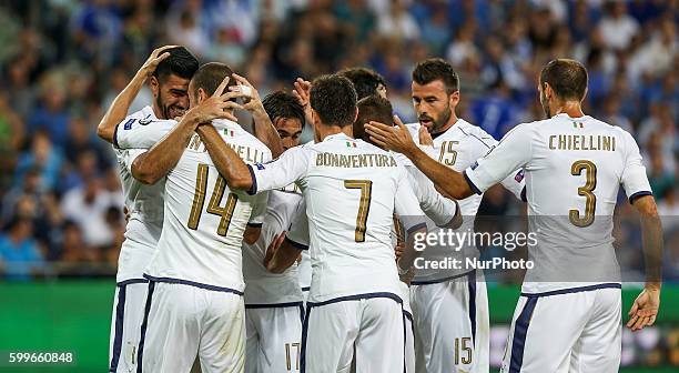 Italian team celebrates after scoring the second goal during the FIFA 2018 World Cup Qualifier between Israel and Italy at Sammy Ofer Stadium on...