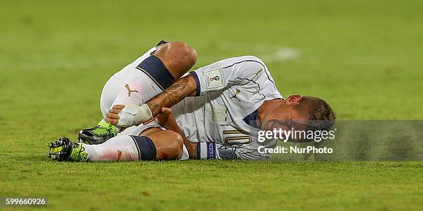 Italy's Marco Verratti react during the World Cup 2018 qualifier football match Israel vs Italy at Sammy Ofer Stadium in Haifa, on September 5, 2016.