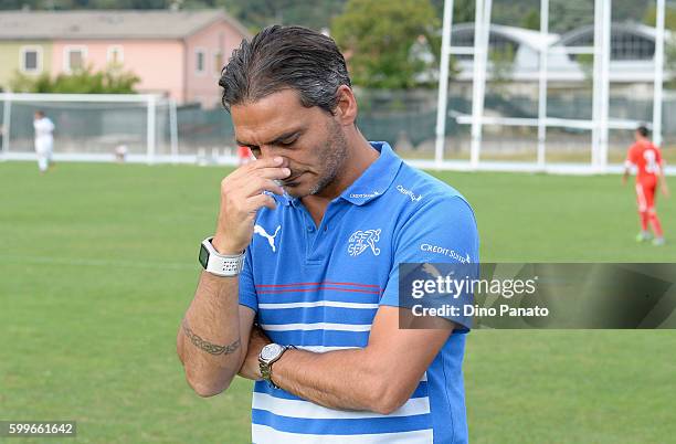 Head coach of Switzerland U16 Massimo Lombardo reacts during the international friedly match between Italy U16 and Switzerland U16 on September 6,...