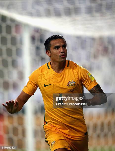 Tim Cahill of Australia celebrates after scoring his teams first goal during the 2018 FIFA World Cup Qualifier match between UAE and Australia at...