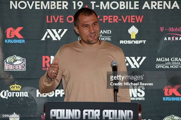 Sergey Kovalev addresses the media during the press conference for the Kovalev v Ward "Pound for Pound" bout at Le Parker Meridien on September 6,...