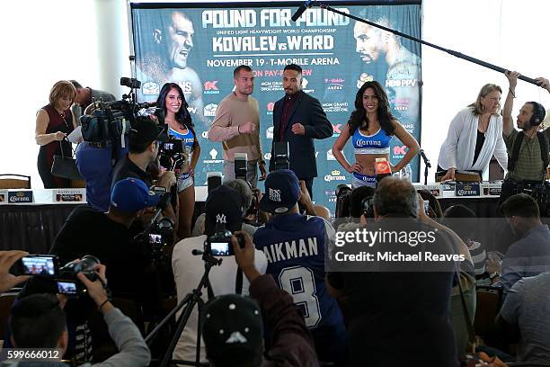 Sergey Kovalev and Andre Ward square up during the press conference for the Kovalev v Ward "Pound for Pound" bout at Le Parker Meridien on September...