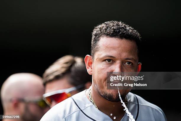 Closeup of Detroit Tigers Miguel Cabrera in dugout, spitting out water during game vs Texas Rangers at Globe Life Park in Arlington. Arlington, TX...