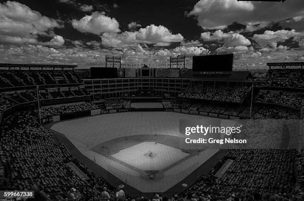 Infrared aerial view of Globe Life Park in Arlington during Texas Rangers vs Detroit Tigers game. Arlington, TX 8/14/2016 CREDIT: Greg Nelson