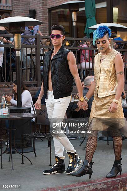 Human Ken doll Justin Jedlica and artist/TV personality Sham Ibrahim are spotted at Urth Cafe on August 26, 2016 in Los Angeles, California.