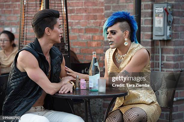 Human Ken doll Justin Jedlica and artist/TV personality Sham Ibrahim are spotted having a conversation at Urth Cafe on August 26, 2016 in Los...