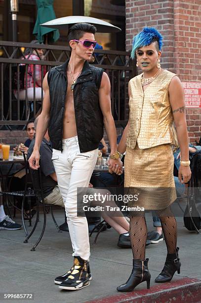 Human Ken doll Justin Jedlica and artist/TV personality Sham Ibrahim are spotted at Urth Cafe on August 26, 2016 in Los Angeles, California.